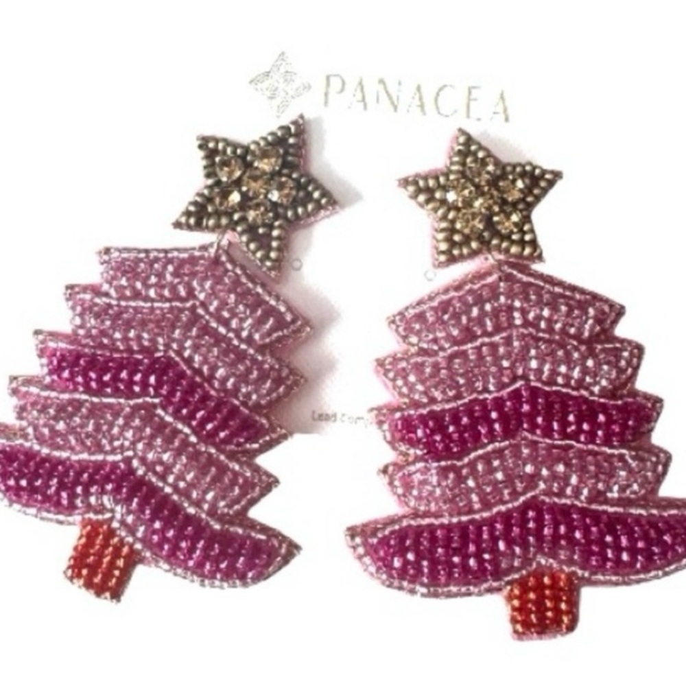 Pink Beaded Christmas Tree Earrings, Felt backing, NWT